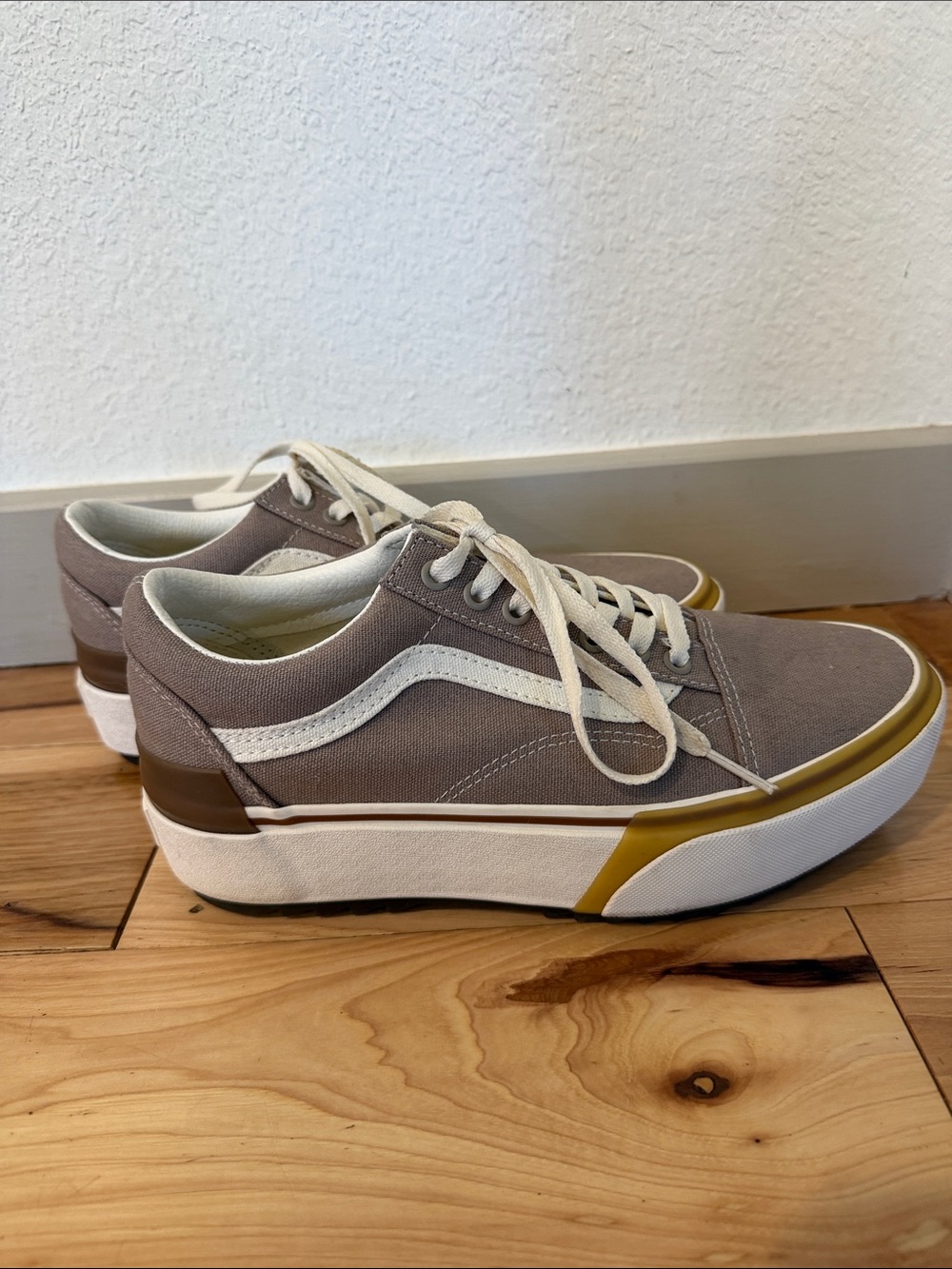 Vans Women Low-Top Canvas Sneakers in Taupe with White Stripe and Mustard Accent